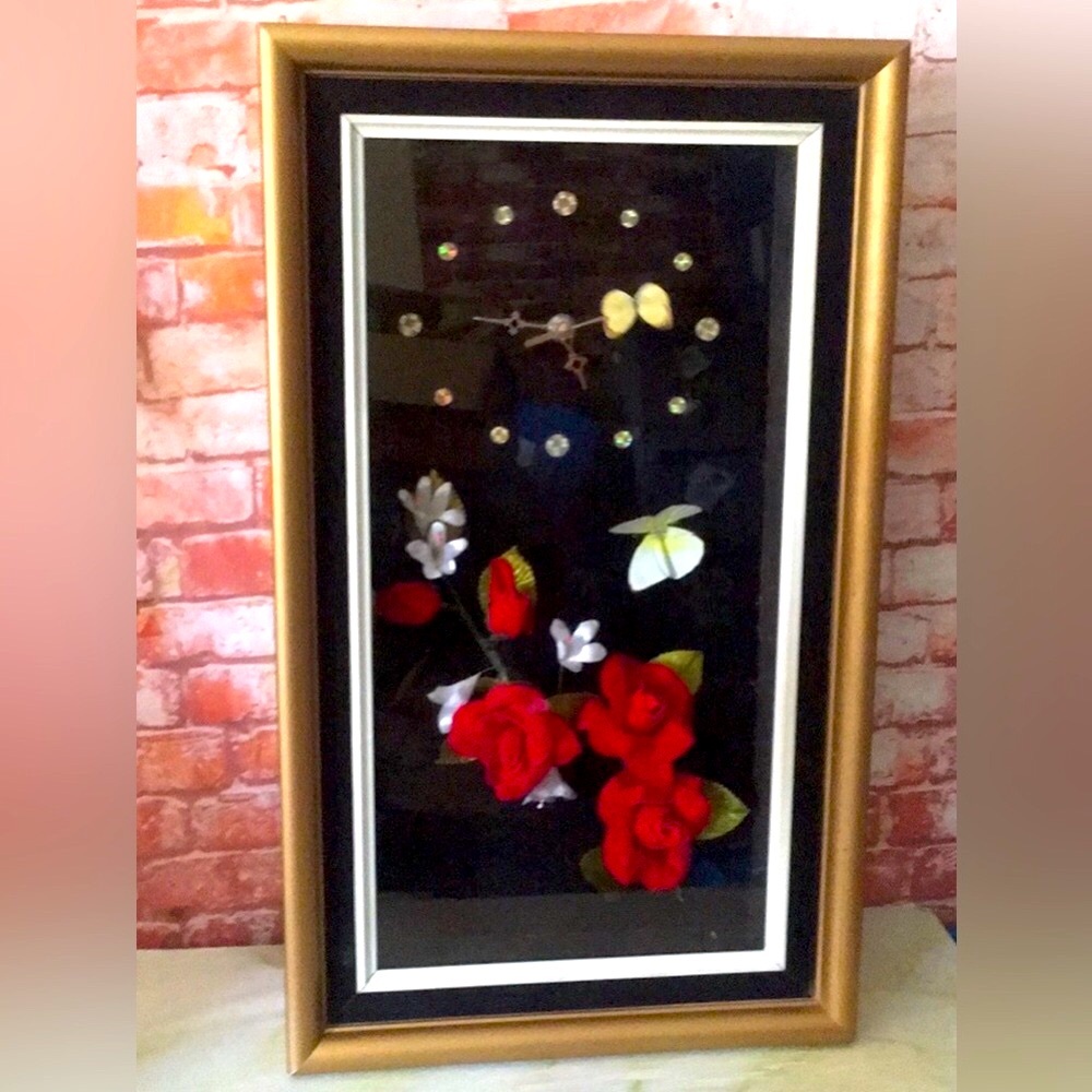 Vintage MCM Shin HWA Framed Floral Shadow Box  Butterfly and Roses Clock